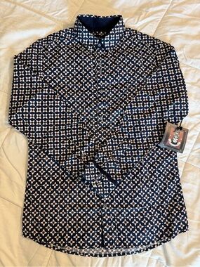Rock Roll n Soul Men's Long Sleeve Geometric Blue/White/Red Button-Up Shirt. S
